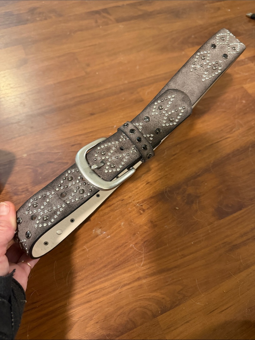 Studded Metallic Gray Leather Belt